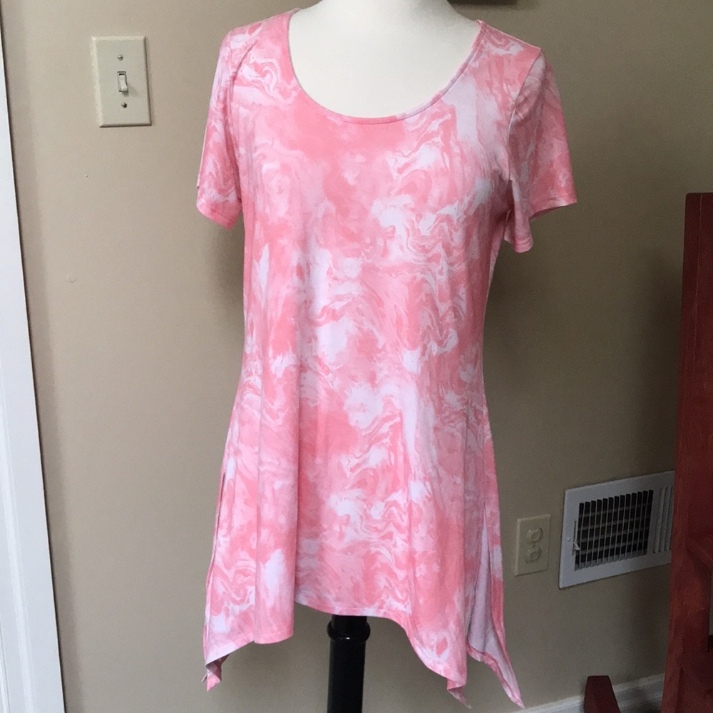 Soma Easy Jersey Side Tie Pink Marble SS Tunic Scoop Neck Small Length Varies